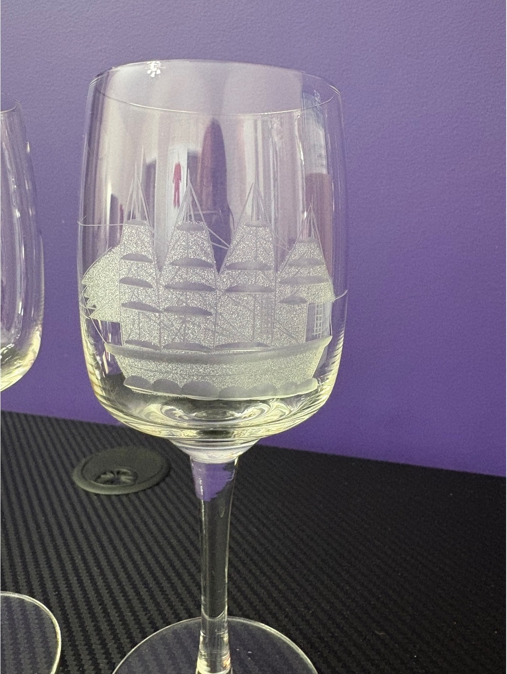 Vintage Toscany Nautical Etched Ship Wine Glasses Made In Romania